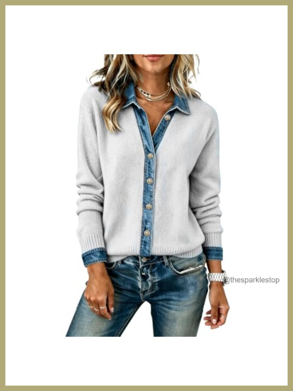 Denim Patchwork Cardigan Long Sleeve Button Knitted Sweater